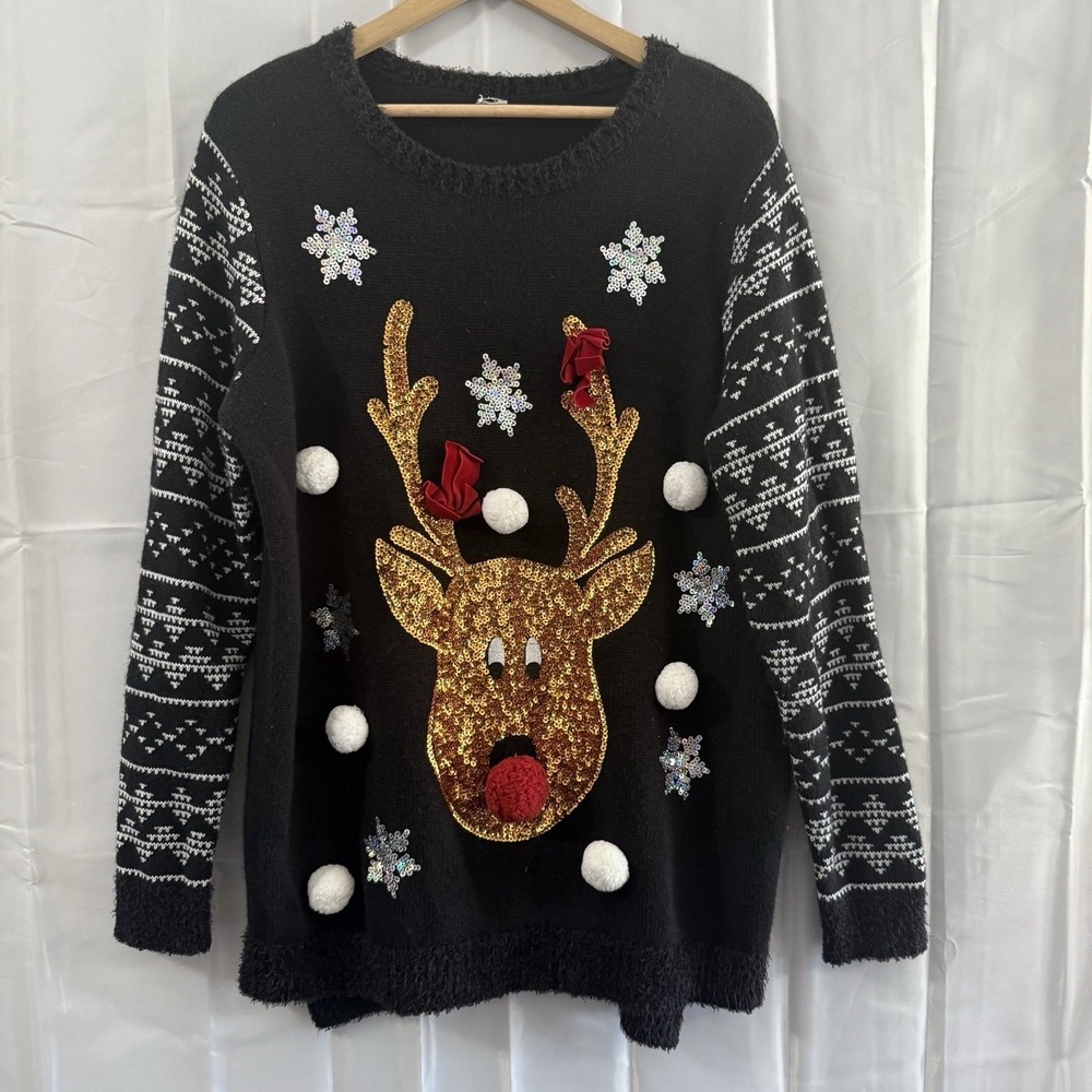 Womens XL Black 3D Red Nose Reindeer Sequin Holiday‎ Ugly Christmas Sweater